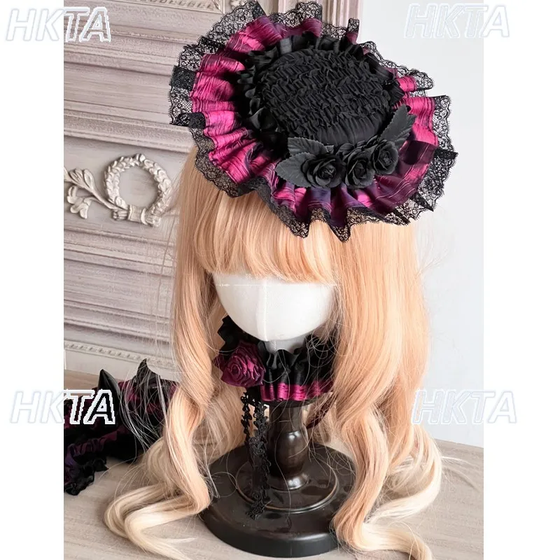 

Lolita Handmade Production Personality Small Dark Lace Elegant Top Hats Headband Neck Strap Women Goth Cos Accessories Headgear