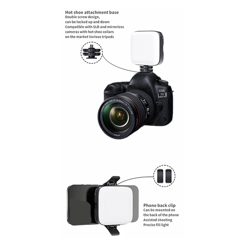 Mini LED Fill Light com removível Clip-On, Fotografia Luz, Iluminação Bi-Color, sapata fria para câmera, filmadora, Vlog