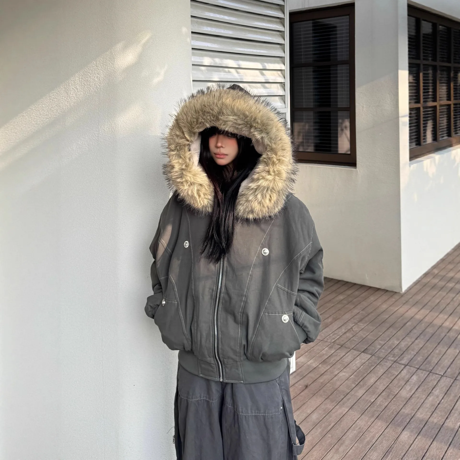

Women Parka Thickened Jacket Winter Fashion Y2k Harajuku Outwear Hood Thick Fleece Warm Jackets Hip Hop Padded Cotton Coat