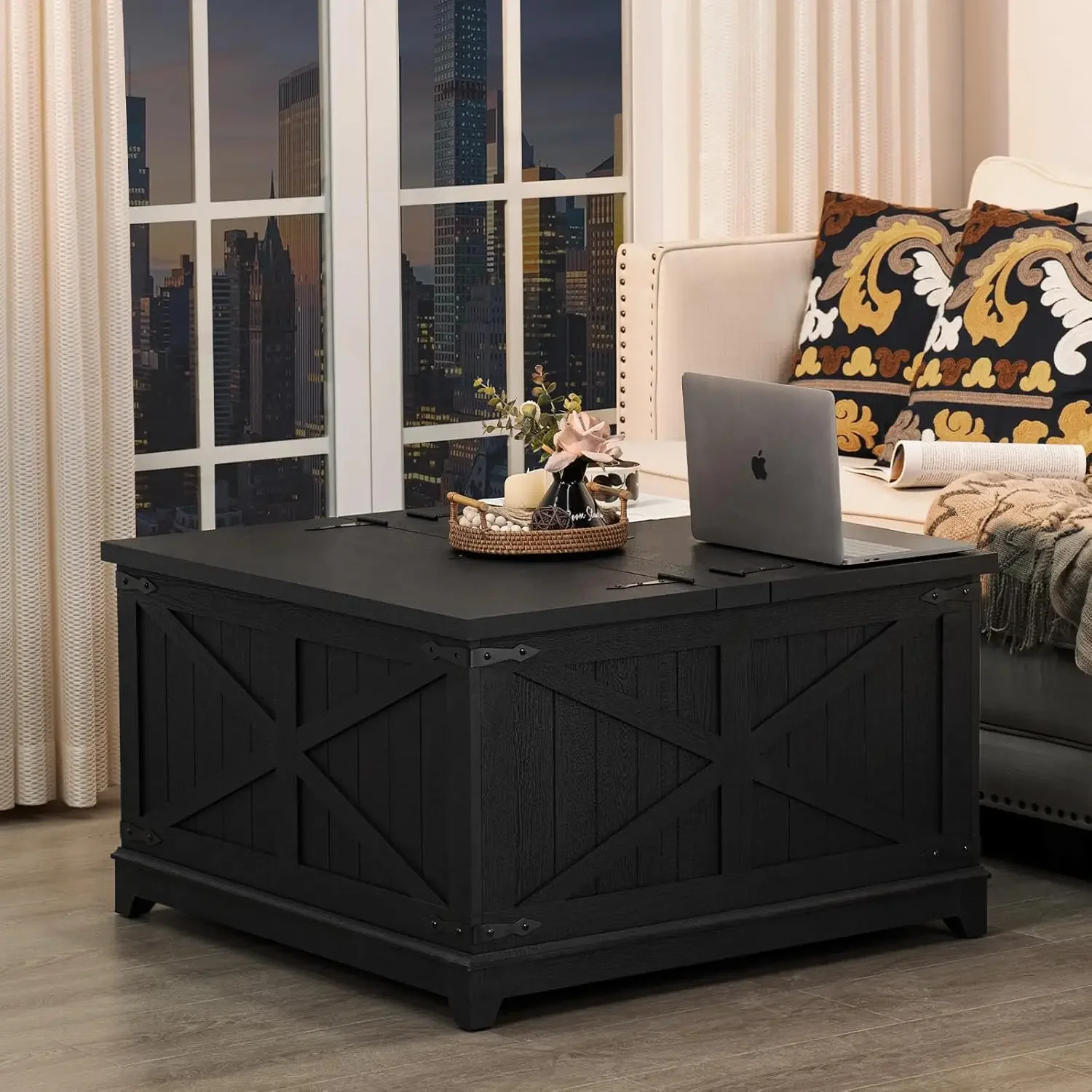 Table basse de ferme avec rangement GNE, carré noir, grand centre cassé, élévateur pour la maison et le bureau