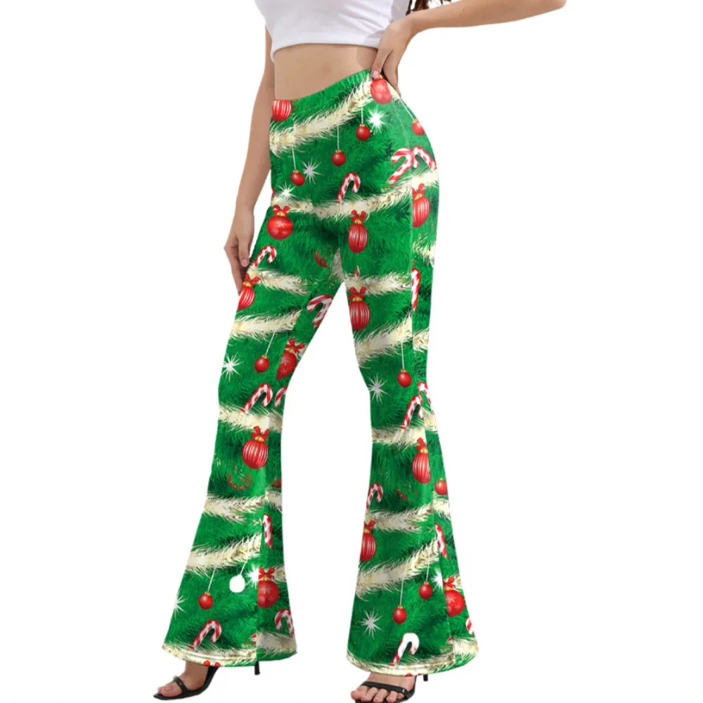 Christmas Candy Green Printed Pants Cosplay Costume Bell Bottom Trousers for Women Halloween Carnival Party Clothes Role Play