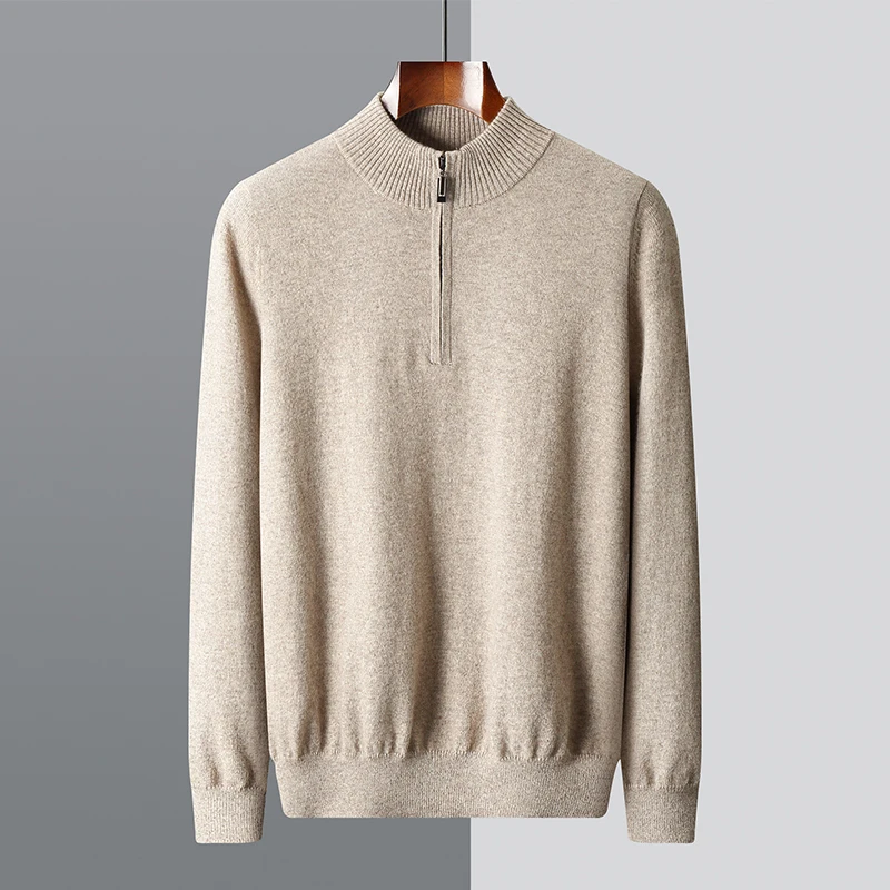 Jersey clásico de lana con cuello de cremallera para otoño e invierno, Tops, suéter de cachemira, nuevo jersey informal para hombre, suéter de lana merina de 100%