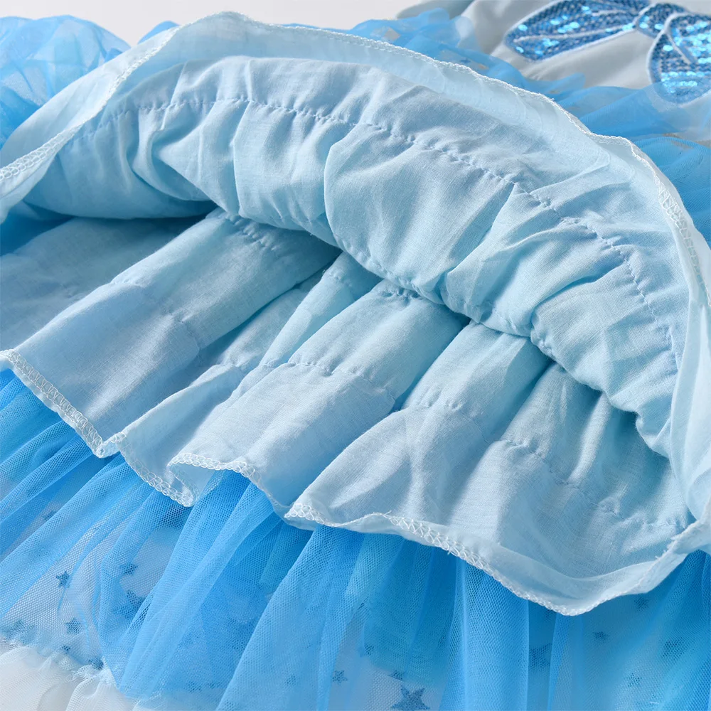 VIKITA Hellblaues Langarmkleid für Mädchen mit funkelnder Paillettenschleife, Kinder-Glitzer-Stern-Tüll-Mesh-Schicht-Prinzessinnen-Tutu-Kleider – Detail 6