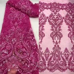 (5yards/pc) High quality fuchsia pink African beaded bridal tulle lace with sequins gorgeous embroidered French net lace FXZ282