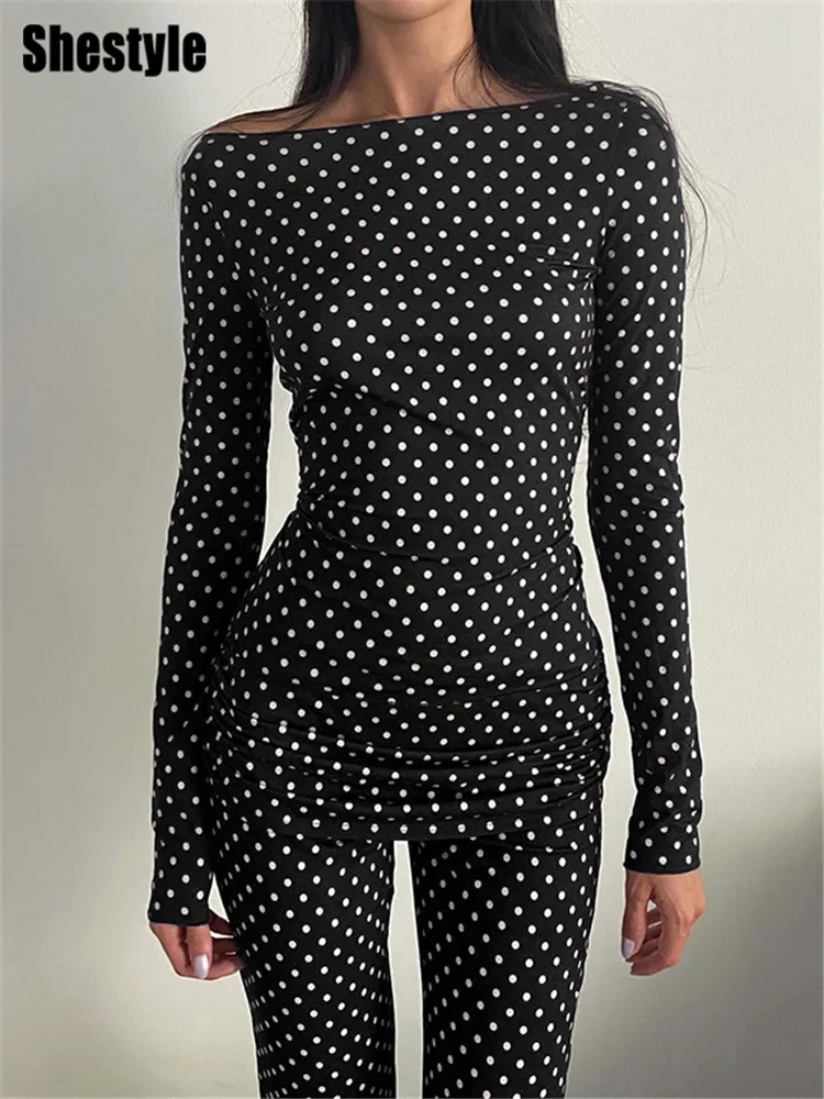 Shestyle Polka Dot Women Black Two Pieces Sets Sexy Low Waist Flare Pant Stretchy Casual Slash Neck Stylish Fitness Basic Tide