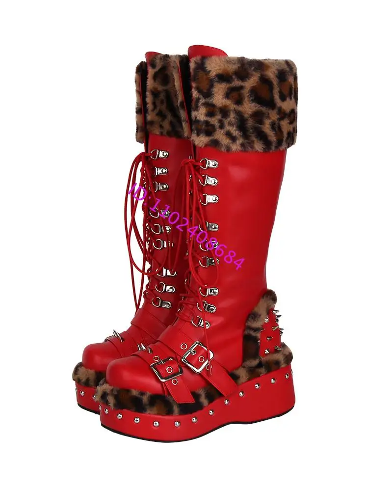 Design Punk Lolita High Platform Fur Boots 8Cm Leopard Print Side Zipper Belts Buckle Lace Up Knee Winter Boots