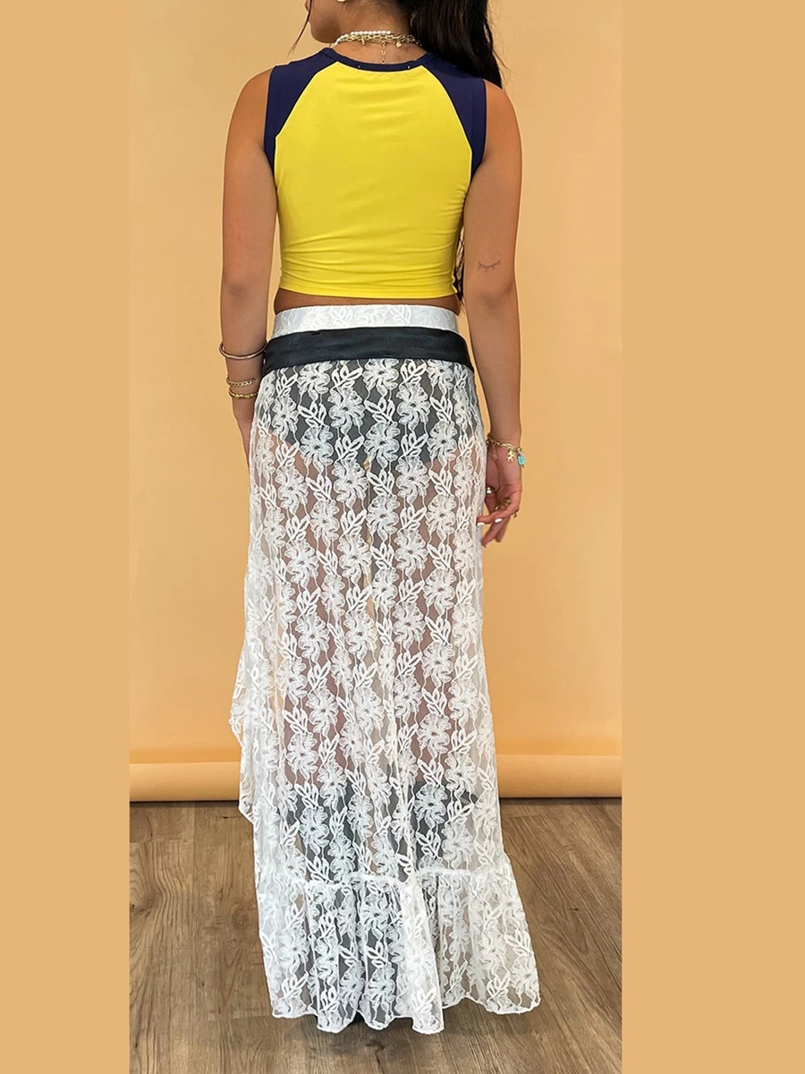 Damen Spitze langen Rock elastische Taille asymmetrischen Saum gekräuselten Midi-Rock Sommer Strand Party Rock