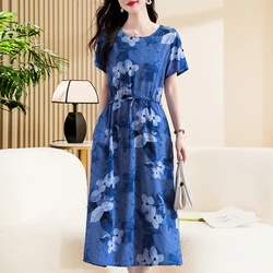 Casual Women's Dresses Summer 2023 New Slim Short Sleeve Vintage Print Long Dress Summer Female Clothing Comfortable