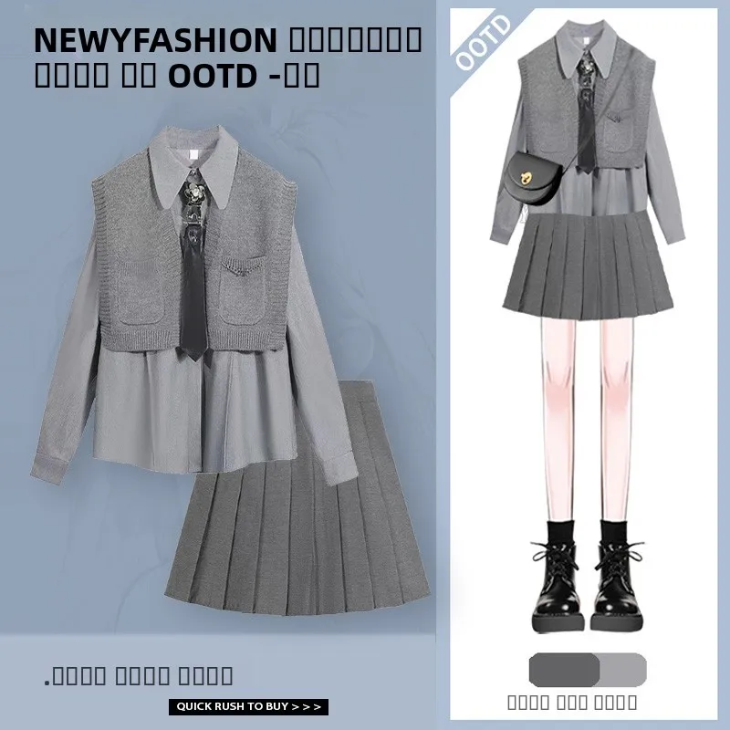 

Вязаный комплект одежды премиум-класса Academy Sle для ранней осени, женская плиссированная юбка, комплект из футболки Faionable V Ne Long Sve