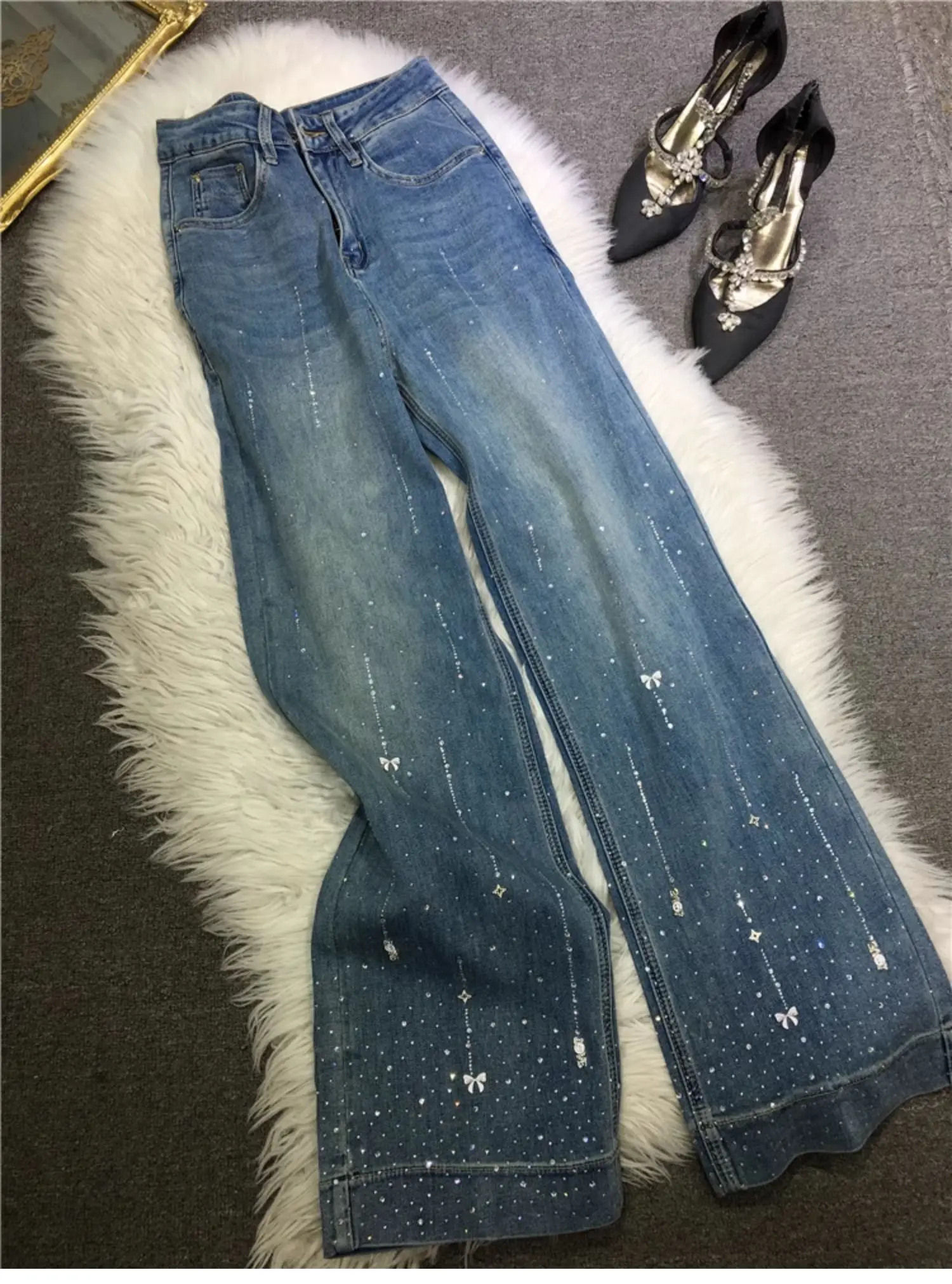 Jean droit taille haute en coton bleu clair pour fille, pantalon élastique à jambes larges, diamant chaud, industrie lourde américaine, nouvelle collection printemps été