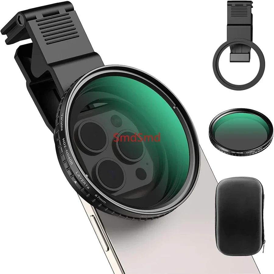 67/52mm Variable ND2-ND400 Filter for DSLR/iPhone 15 14 Pro Max/Samsung/Huawei, Universal Clip, Cold Shoe, Camera Lens Adapt
