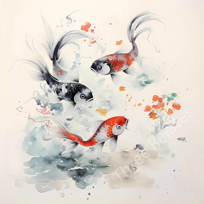 Three Ratels QL72 magical Koi carp brings good luck and wealth  Watercolor art self-adhesive wall stickers