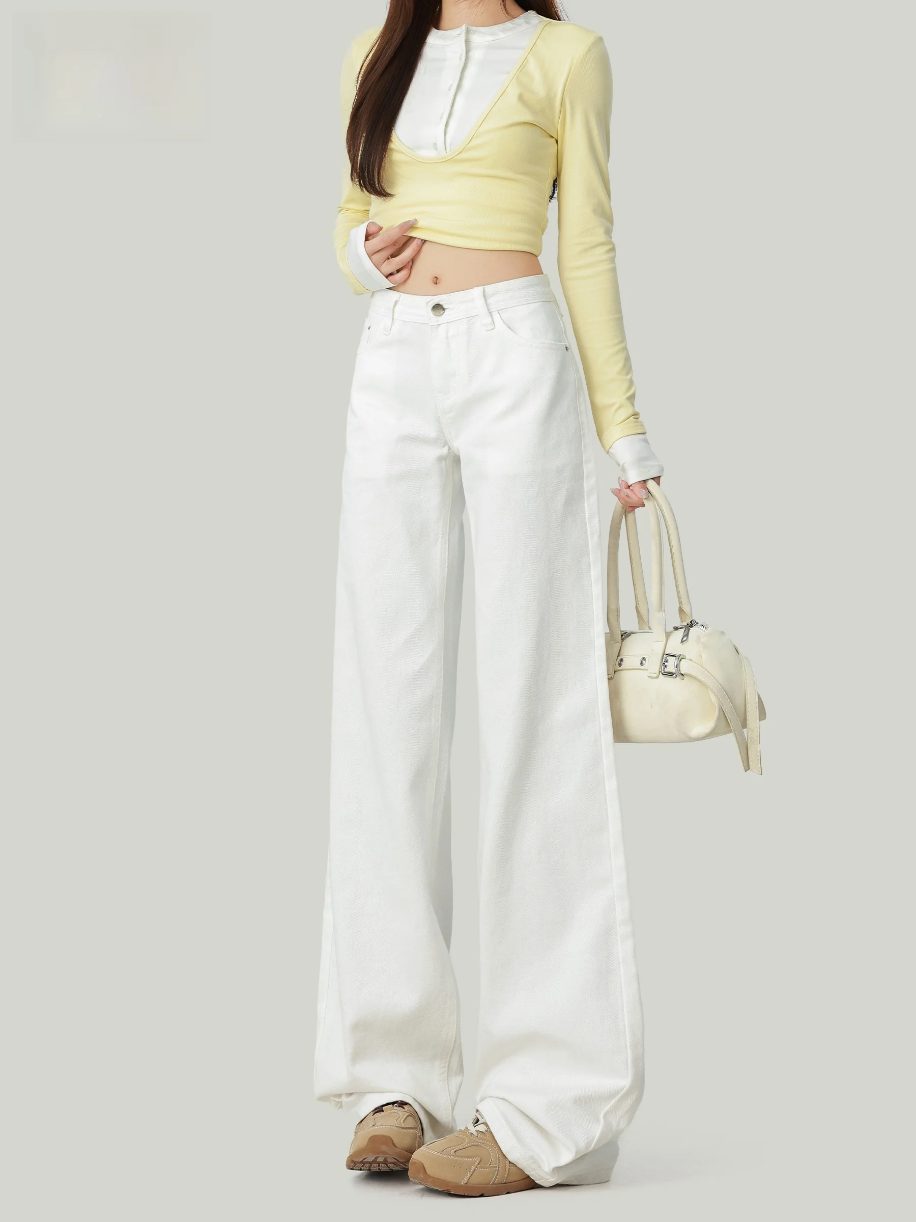 

Белые американские джинсы с низкой посадкой и прямыми штанинами для женщин, новинка ранней осени, свободные, стройнящие, в стиле Hot Girl, широкие брюки в пол