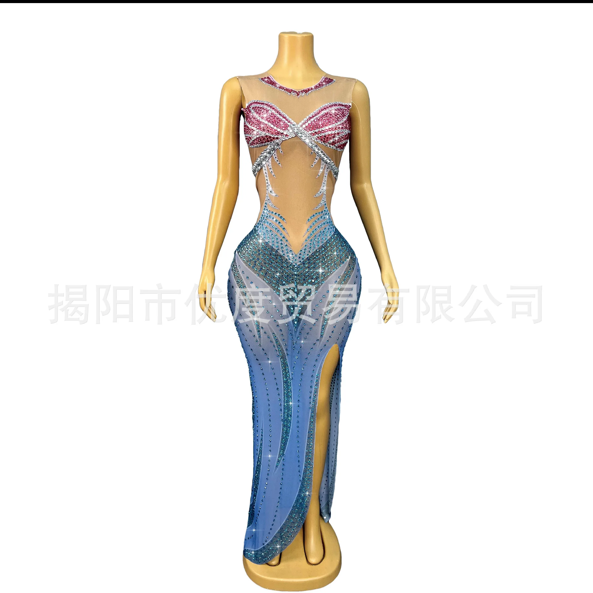 Blue Romantic Mermaid Rhinestone Stretch Dress Singer Dress Birthday Dance Suit Blue Grass Fish damen kleider abendkleid elegant