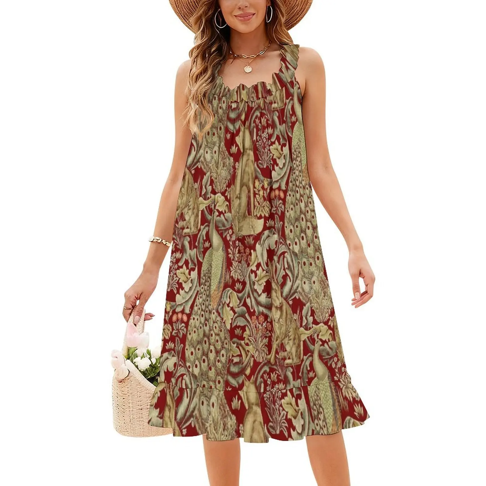 حيوانات الغابة الطاووس الثعلب والأرنب في أوراق حمراء بوهو شيك فستان أنيق أنيق على الشاطئ وحفلات الزفاف نمط الحيوان