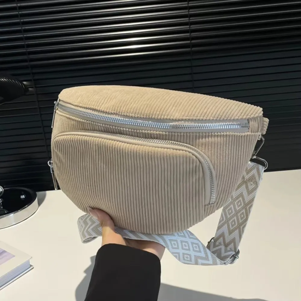 

Luxury Corduroy Waist Bag Multi-pockets Wide Guitar Strap Chest Bag Zipper Shoulder Bags Outdoor