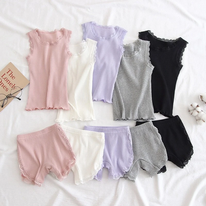 

2Pcs Kids Underwear Sets Children Girls Summer Ruffle Vest Tops+Panties Solid Tank Top Clothes Sleeveless Lace Tees D2L