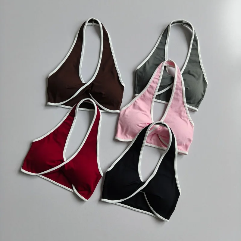 Damen-Yoga-BH mit Halterneck und Farbblock-Design, herausnehmbare Brustpolster, schnelltrocknendes Sport-Top für das Training. – Detail 22