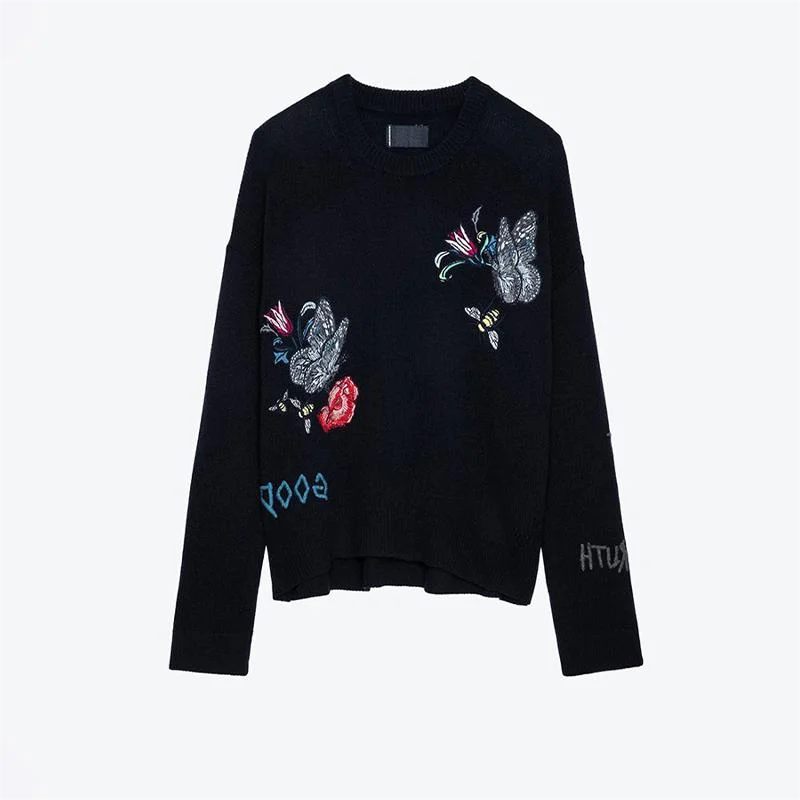 

Zadig Women Sweaters Fashion Alphabet Embroidery Butterfly Flower Pullover Top Female Loose O-Neck Loosen Cashmere Sweaters