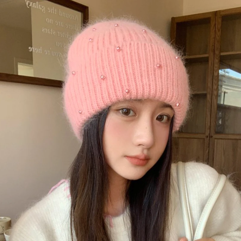 

Hat Pearls Women Winter Beanie Angora Knit Autumn Warm Skiing Accessory For Cold Weather Sport Outdoor Holiday Luxury