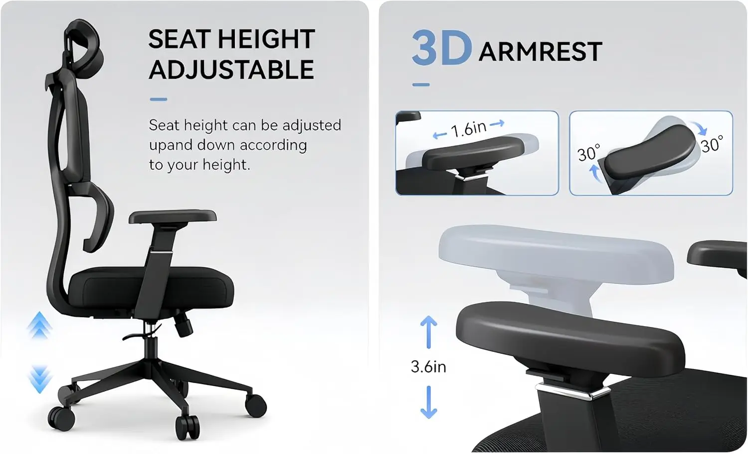 Ergonomic Office Chair, High Back Home Desk Chair, Adjustable Headrest, Waist, Armrest, Tilt Function,Rotating Computer