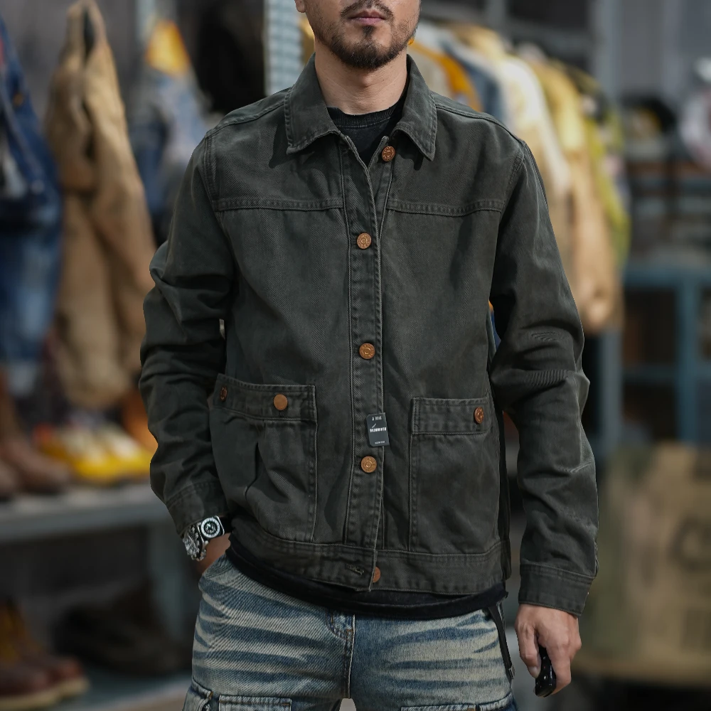 Heavy chunky retro design sense wash light do old tooling lapel denim double pocket jacket for men