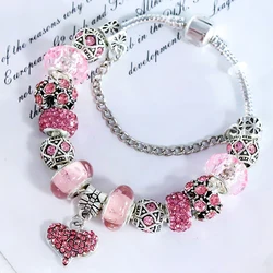 Wonderful Beads Valentine's Day Gift Female Jewelry Copper Silver Plated DIY Crystal Suitable For Women Bracelet Pink Love