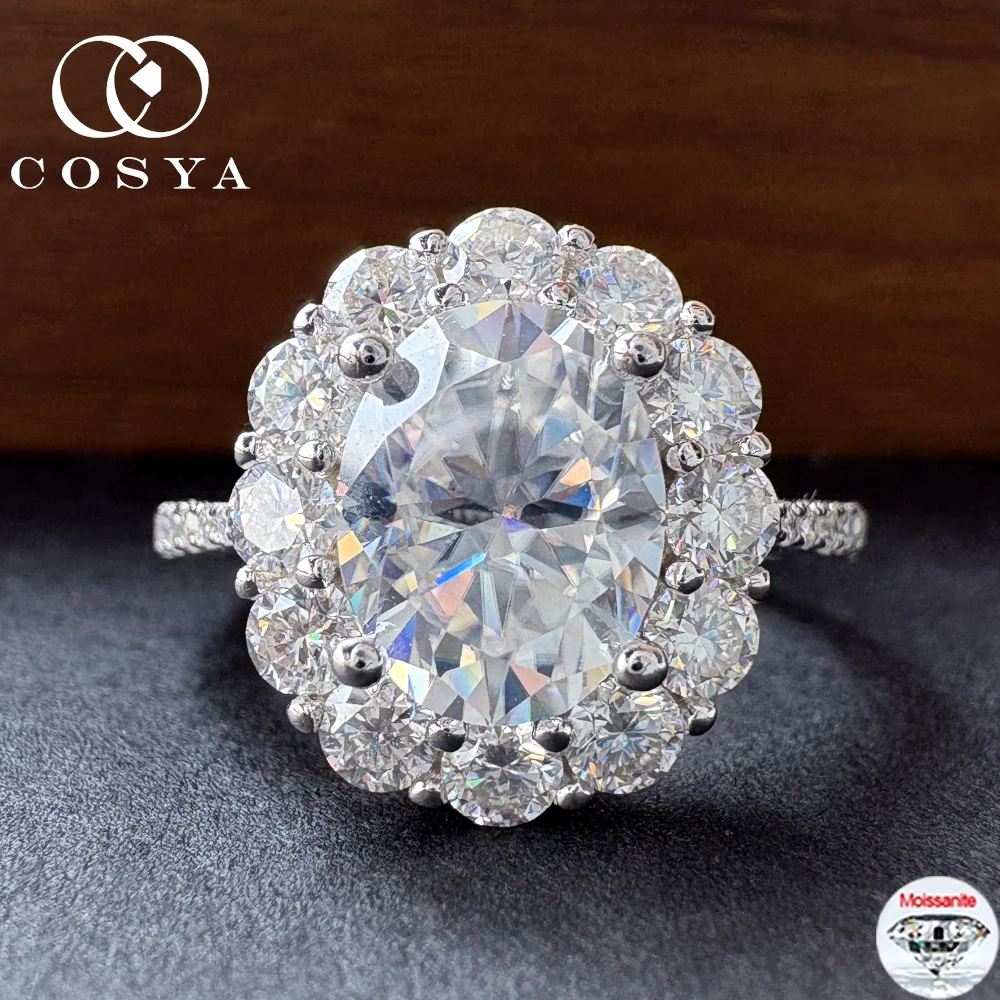

COSYA 2,98CT овальной огранки с муассанитом и ореолом, серебряное обручальное кольцо S925 для женщин, сверкающее обещание, ювелирные изделия, подарок