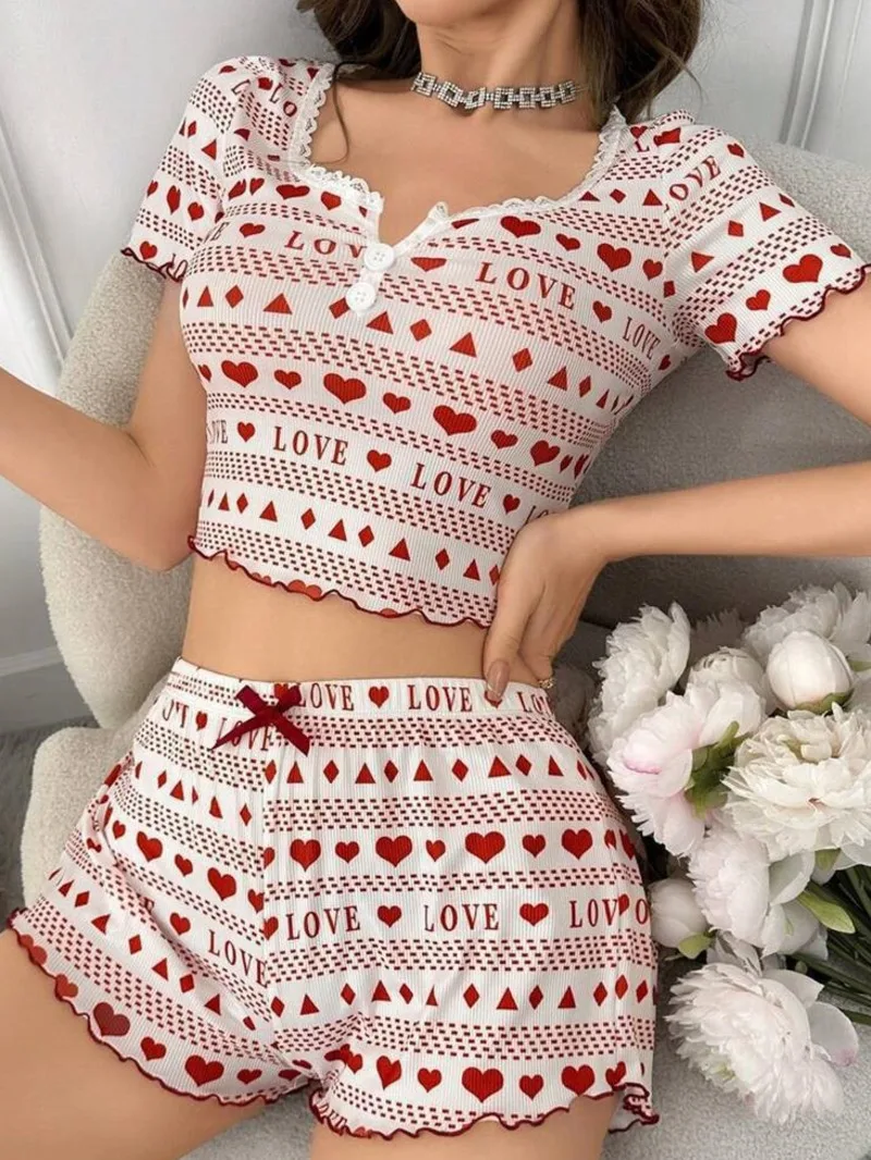 

Новинка 2023 года, короткие комплекты с принтом в рубчик и пуговицами в форме сердца, женский пижамный комплект, носимая домашняя одежда, шорты в повседневном стиле с бантом, элегантные комплекты 58ET