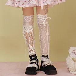 Japanese Harajuku Lace Knee Sleeve Socks Subculture Sweet Kawaii Mesh Lace-up Over The Knee Skinny Leg Socks White