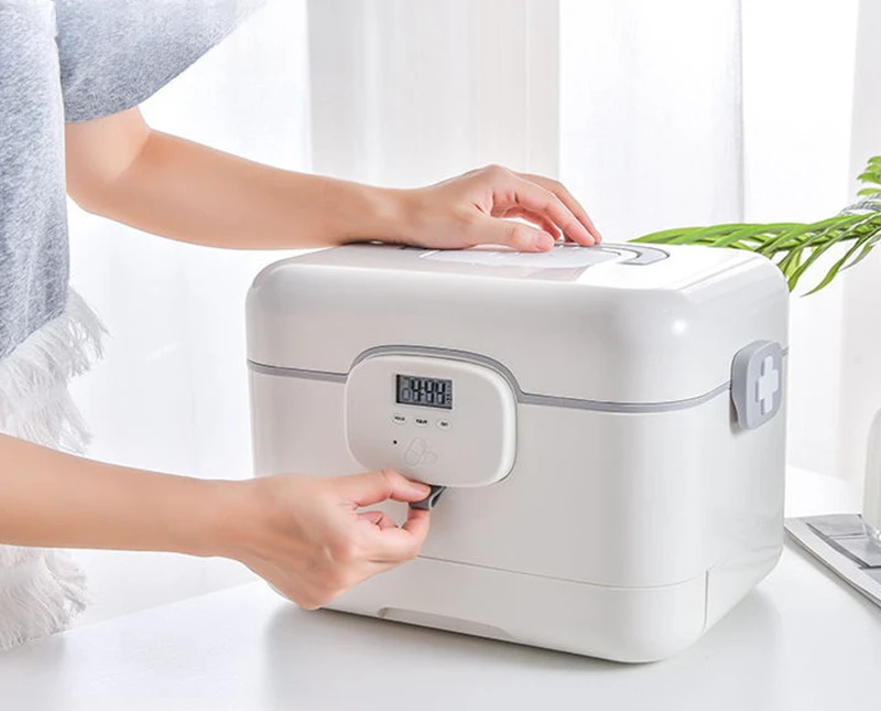 

Household portable medicine storage box comes with an alarms clock to remind the smart portable medicine box to be sealed