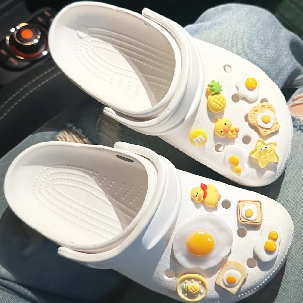 Shoe Charms DIY Food Breakfast Fried Eggs Decoration Buckle for Hole Shoe Charm Set Accessories Kids Party Girls Gift