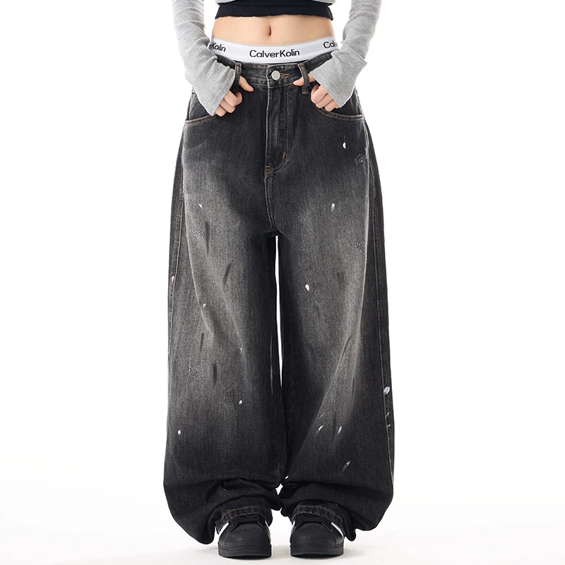 

Новые модные мужские джинсы с эффектом чернильных брызг, выстиранные, с эффектом потертости, универсальные, широкие, с изогнутым кроем, джинсы-«ножи», тренд весны 2026