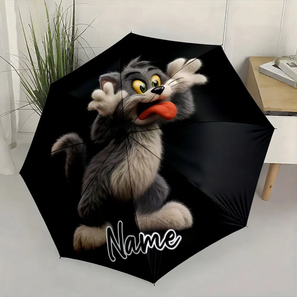 Custom Name Playful Cat Printed Black Umbrella Design Print 8 Iron Ribs Folding Umbrella, Auto-Open Fashion Sunshade