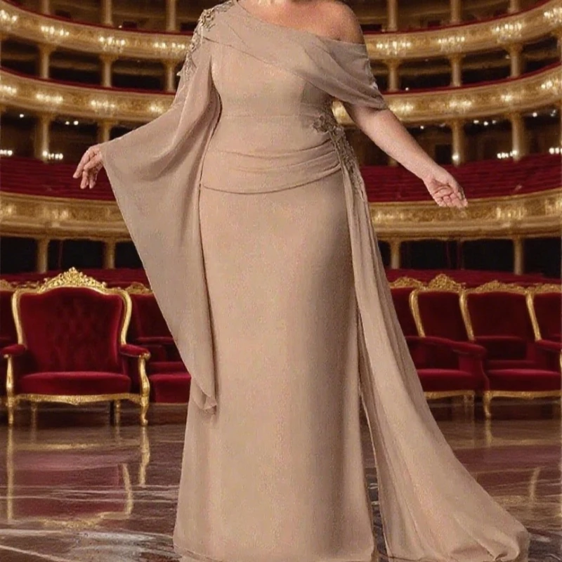 

Elegant Champagne Long Mother Of The Bride Dresses One Long Sleeves Wedding Guest Gowns Pleats Chiffon Prom Dress Groom Mom