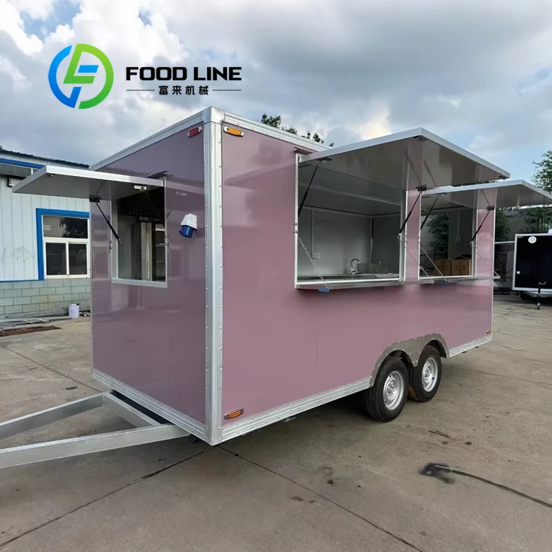 Customized Pink Square-shaped Multi-Functional Food Truck for Hamburgers Pizza Afternoon Tea Outdoor Vending Business