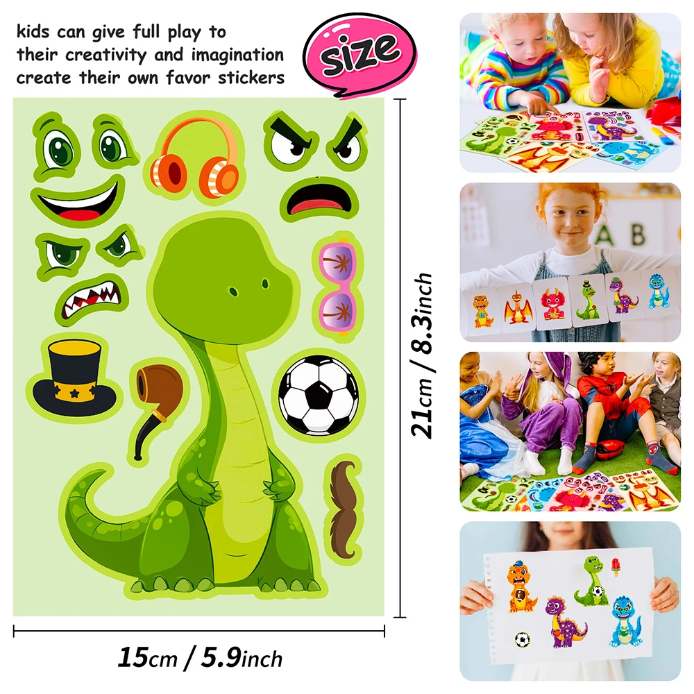 6/12Sheets Kids Game Puzzle Sticker Animals Dinosaur Make a Face DIY Phone Laptop Luggage Graffiti Decals Fun for Kid Gift - Image 5