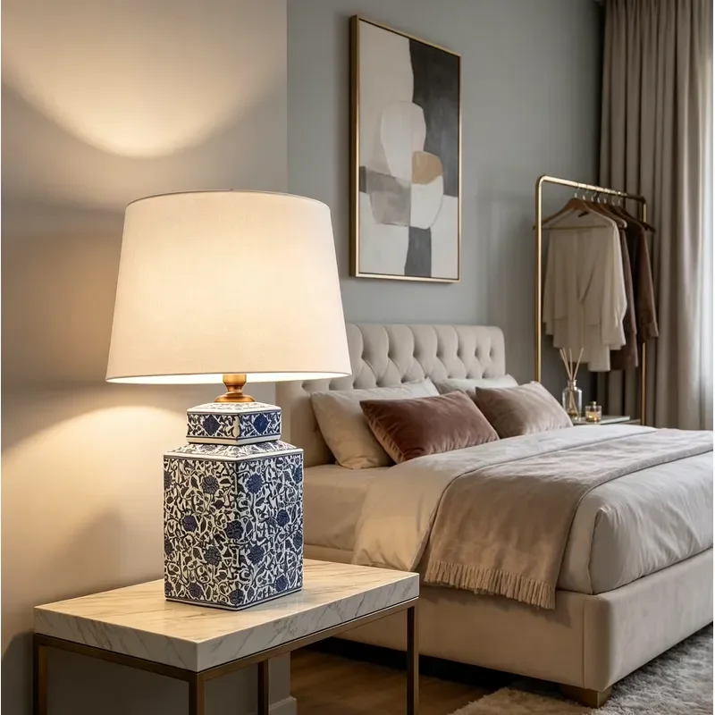 Chinese Style Blue White Ceramic Table Lamp Floral Pattern Square Base Linen Shade Bedside Decor Light for Living Room