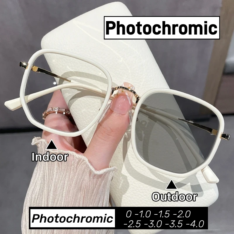 

Women Trendy Photochromic Myopia Glasses Anti Blue Light Short Sighted Eyewear Finished Round Sunglasses Goggle Diopter 0~-4.0