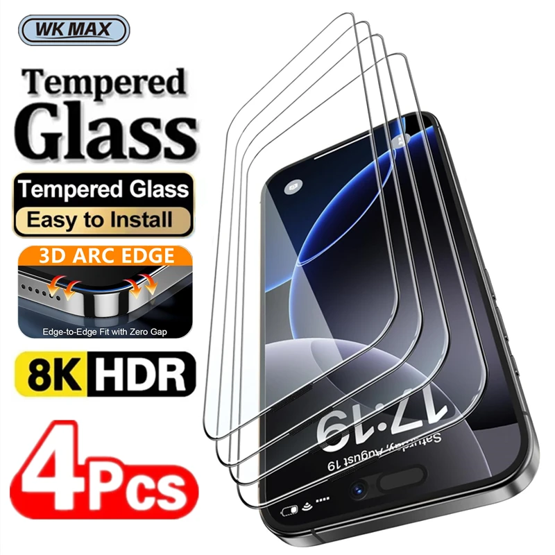 

4Pcs WKMAX Tempered Glass for iPhone 17 16 15 14 13 12 11 Pro XR X XS Max Plus Screen Protector for iPhone 16 15 Pro Max Glass