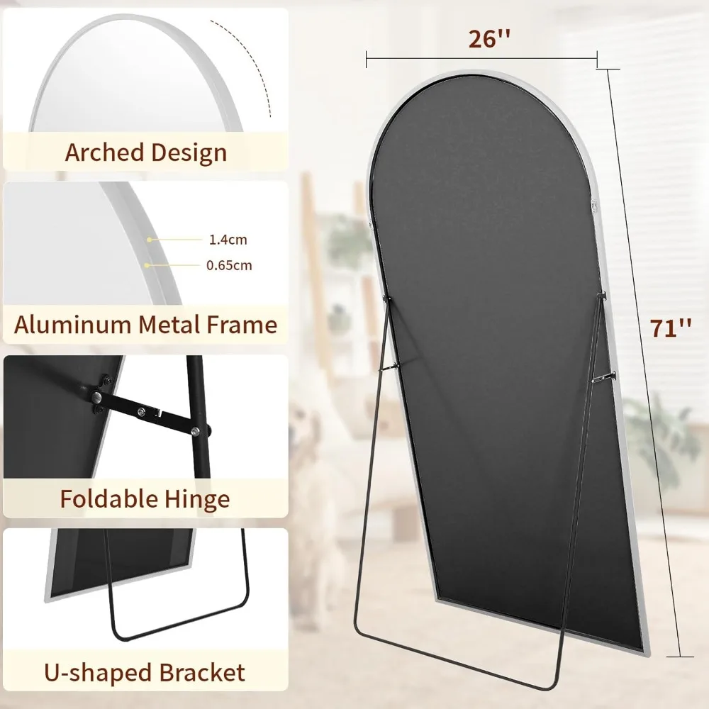 مرآة أرضية مقوسة بطول كامل مع إطار من الألومنيوم - مثبتة على الحائط أو مائل، مثالية لديكور المنزل والخلع الملابس