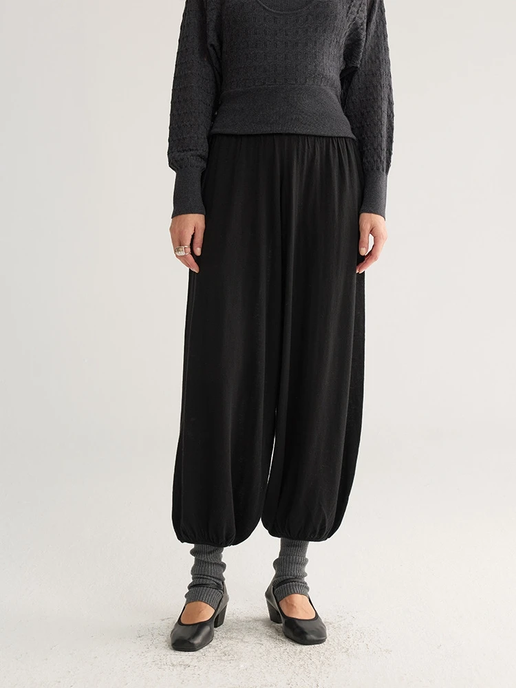 Birdtree, Wool Blended Knitted Lantern Pants,Women's Elastic Waist Casual Cuffed Trousers, 2026 Autumn Loose Pants P68608JF