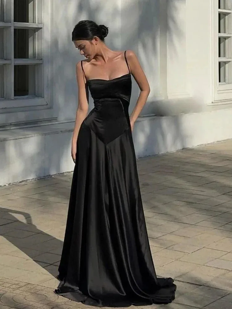 Summer Black Spaghetti Strap Satin Prom Dress Lace Up Wedding Dress Hollow Out Party Evening Dress Sleeveless Women New In Dress