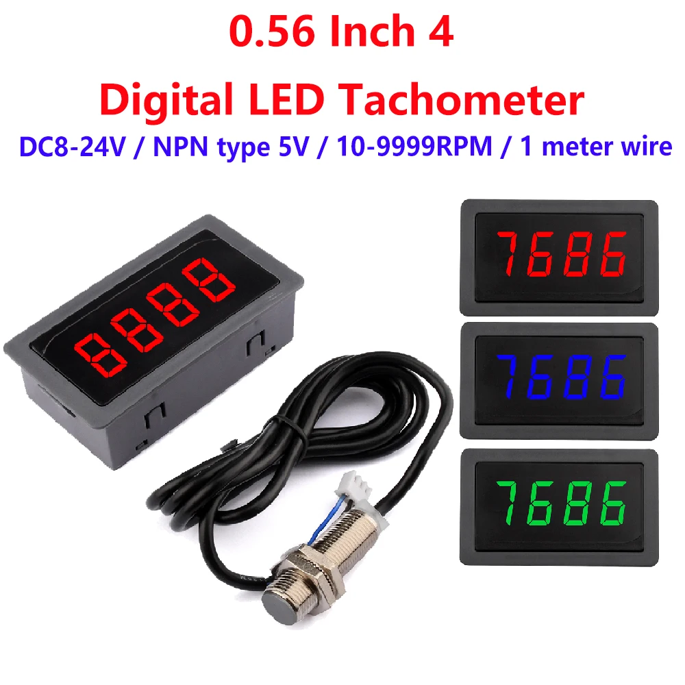 

4 Digital LED Tachometer 0.56 Inch NPN 5V DC 8-24V 10-9999RPM Speed Meter RPM Gauge Speed Meter With Hall Sensor Switch