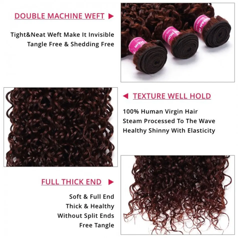 UNICE Hair Reddish Brown Curly Human Hair Bundles 3PCS 100% Human Hair Colored Hair Bundles Sew In Quick Weaves Extensions