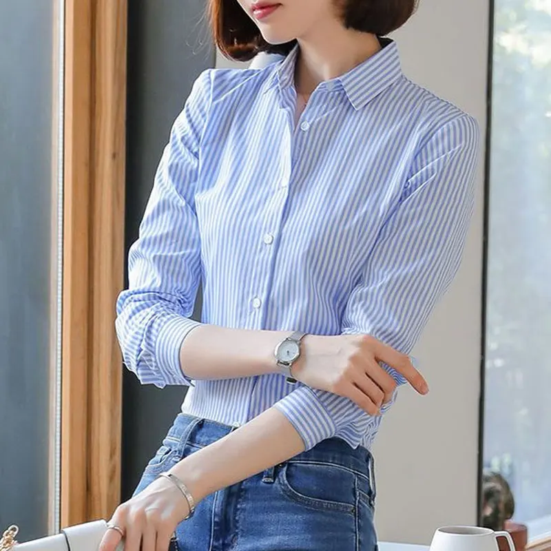 Women\'s Clothing Commute Striped Shirt 2023 New Spring Autumn Long Sleeve Fashion Single-breasted Casual Turn-down Collar Blouse