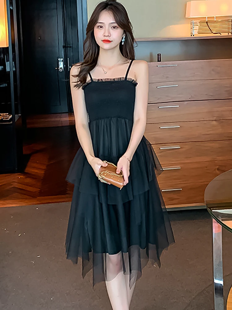 

Women Korean Vintage Hepburn Midi Dress Summer Black Patchwork Mesh Sexy Sling Dress 2024 Elegant Bodycon Luxury Evening Dresses