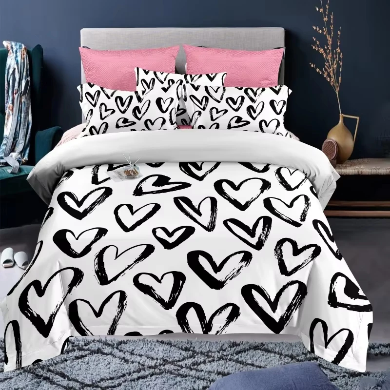 Cute Love Heart Duvet Cover Set Twin Queen, Geometric Bedding Set Girls Women Room Decor, Couple Valentine's Day Comforter Cover