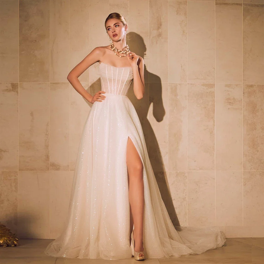 Sparking A-Line Wedding Dresses Front Slit Bridal Growns Sweep Train Customized Sleeveless Open Back Illusion Vestidos De Novia