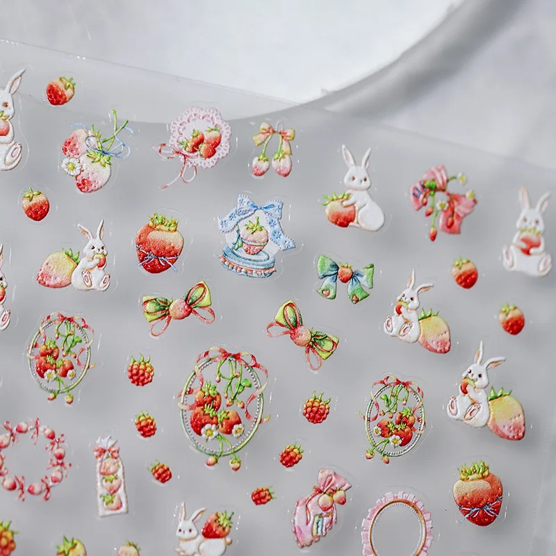 Cute Food Fruit Rabbit Bunny Flower Bowknot Strawberry Stars Cake Embossed Love Heart Adhesive Nail Art Stickers Manicure Decals